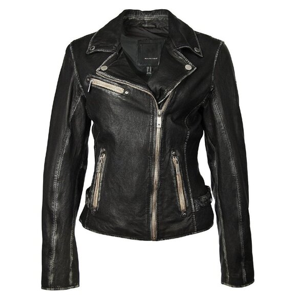 Mauritius Jackets & Blazers - NWT Mauritius Distressed Black Leather Sofia Motorcycle Jacket, Size 14